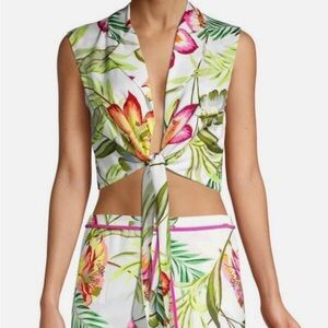 LE SUPERBE “Skyline Floral” Tie-Front Blouse Foliage Leaf Print Size 0 NWOT!